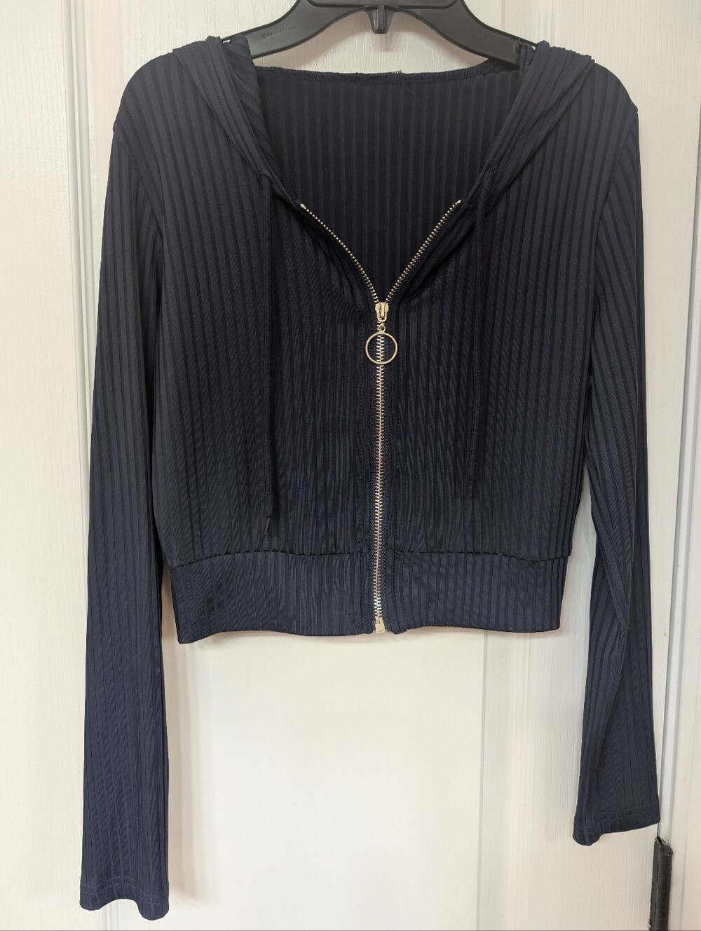 SHEIN Navy Ribbed Cropped Zip Hoodie Jacket with Ring Zipper Pull